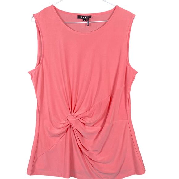 DKNY Womens Blouse Pink Sleeveless Tank Side Knot Crew Neck Polyester Stretch L - Picture 1 of 11